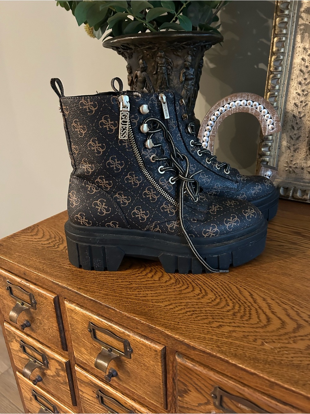 Guess Black Monogram Platform Lace-Up Boots Size 8